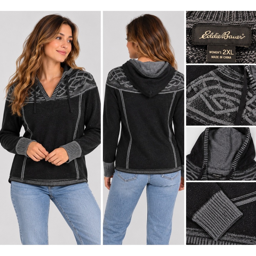 Eddie Bauer Hooded Sweater Womens 2XL Black Grey Gorpcore Casual Chic Intarsia